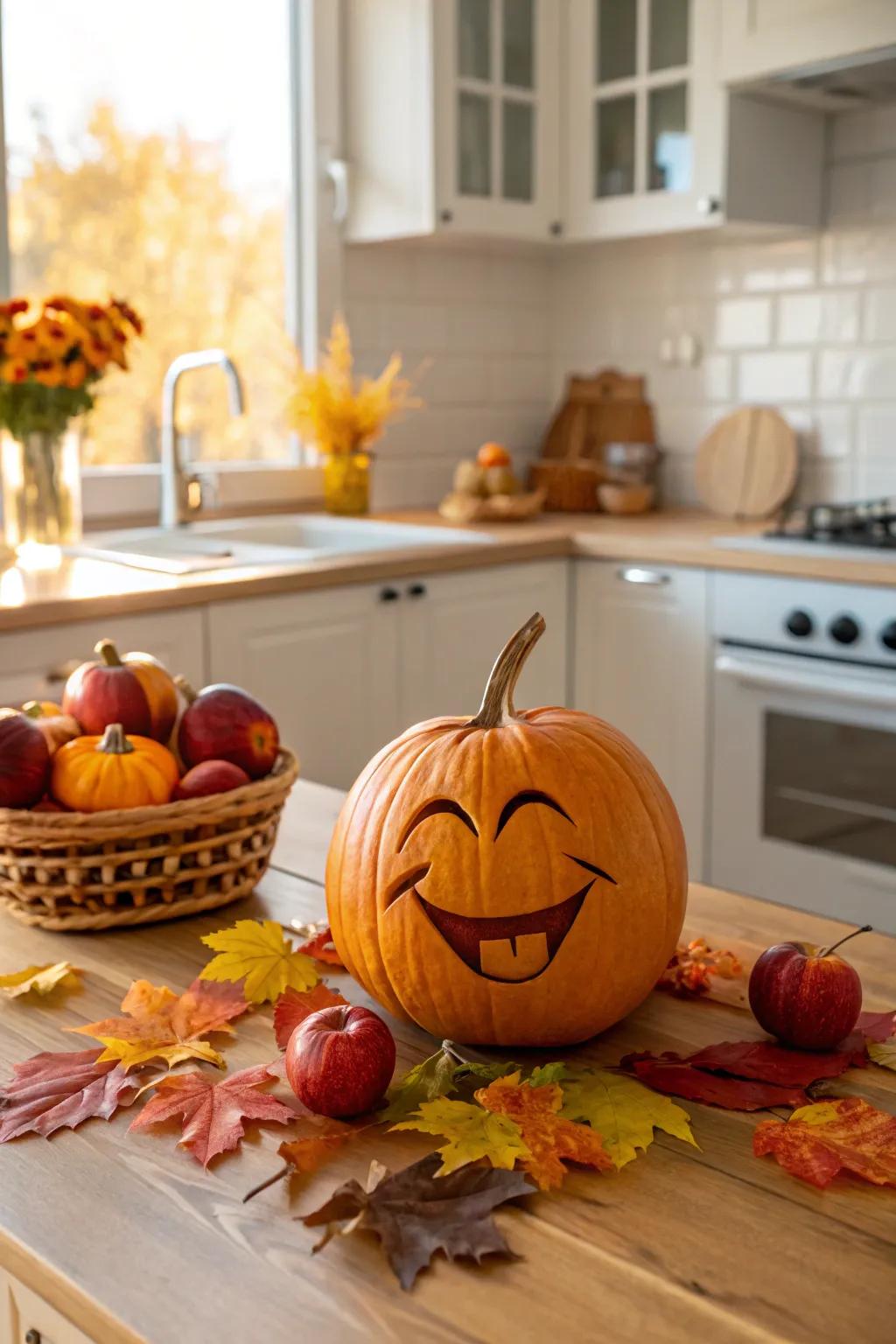 An expressive smiley pumpkin conveying contemporary amusement to fall.