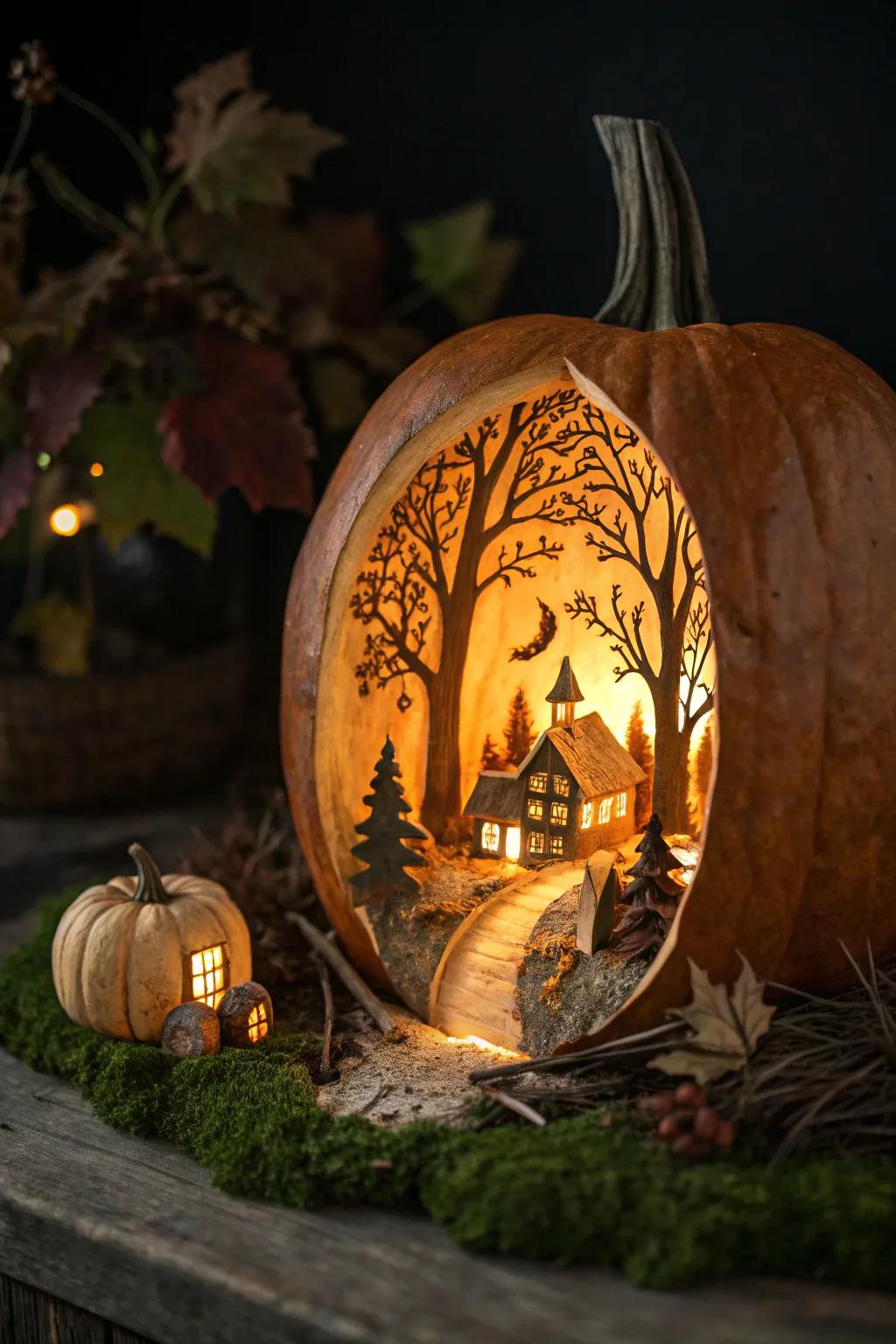 A bewitching pumpkin diorama showcasing a miniature hamlet.