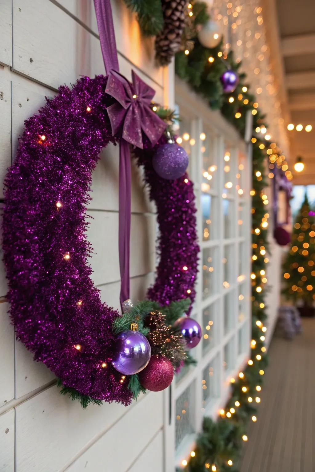Mauve glitter imparting an enchanting sparkle to holiday ornamentation.