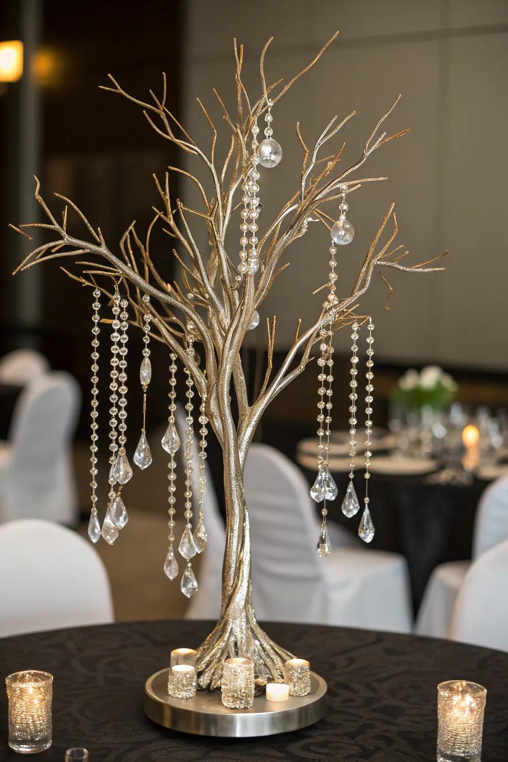 Dangling crystals introduce a sparkling and glamorous touch.