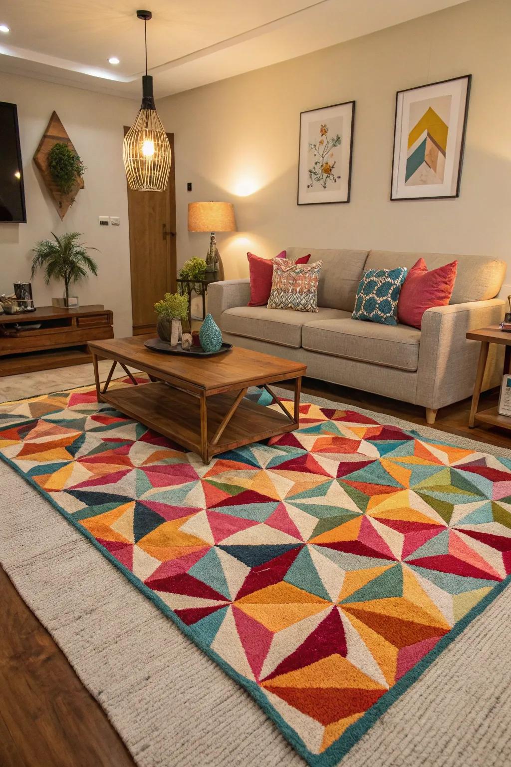 A striking geometrical patterned floor covering as a style statement.