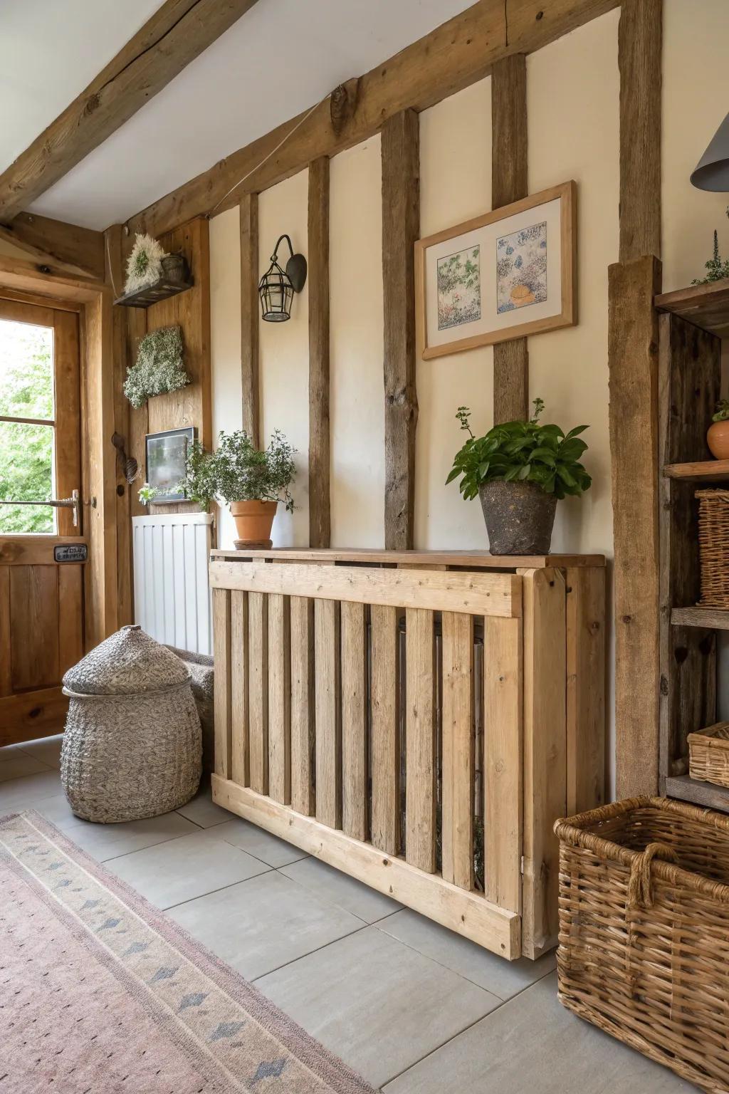A wood radiator face introduces rustic charm to a farmhouse-style room.