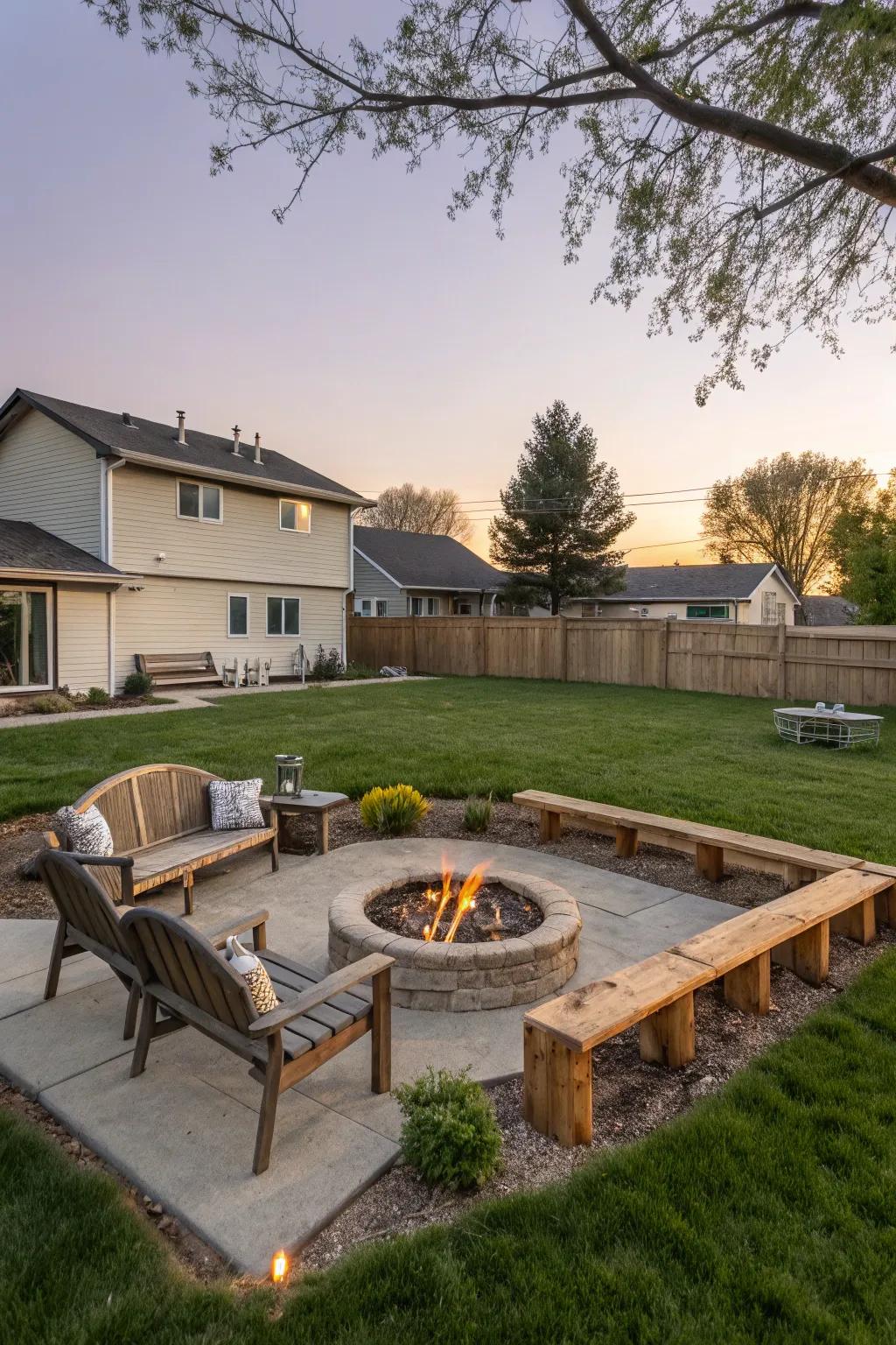 A comfortable fire pit in the backyard of a raised ranch.