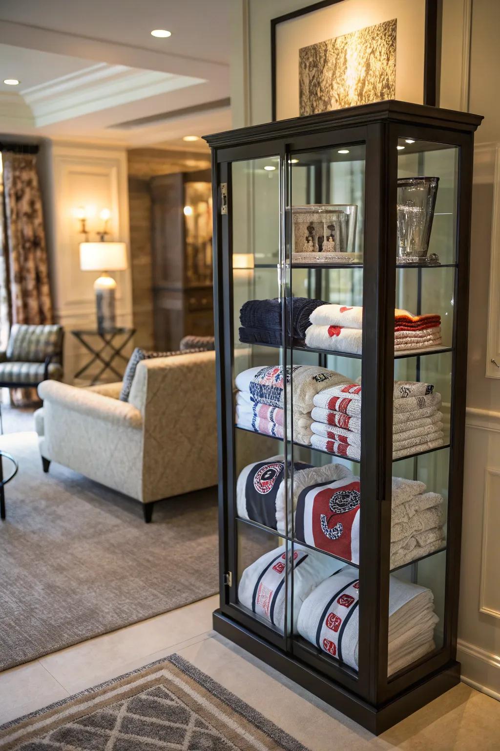 Keep your <strong><em>rally towels</em></strong> safeguarded in a vitrine.” loading=”lazy” class=”pimg”>
	</picture><figcaption>Keep your <strong><em>rally towels</em></strong> safeguarded in a vitrine.</figcaption></figure>
<p>Display your array in a vitrine, preserving them from dust while keeping them visible. This maintains their pristine form while flaunting your collection.</p>
<h3>Items that may come in handy:</h3>
<ul class=