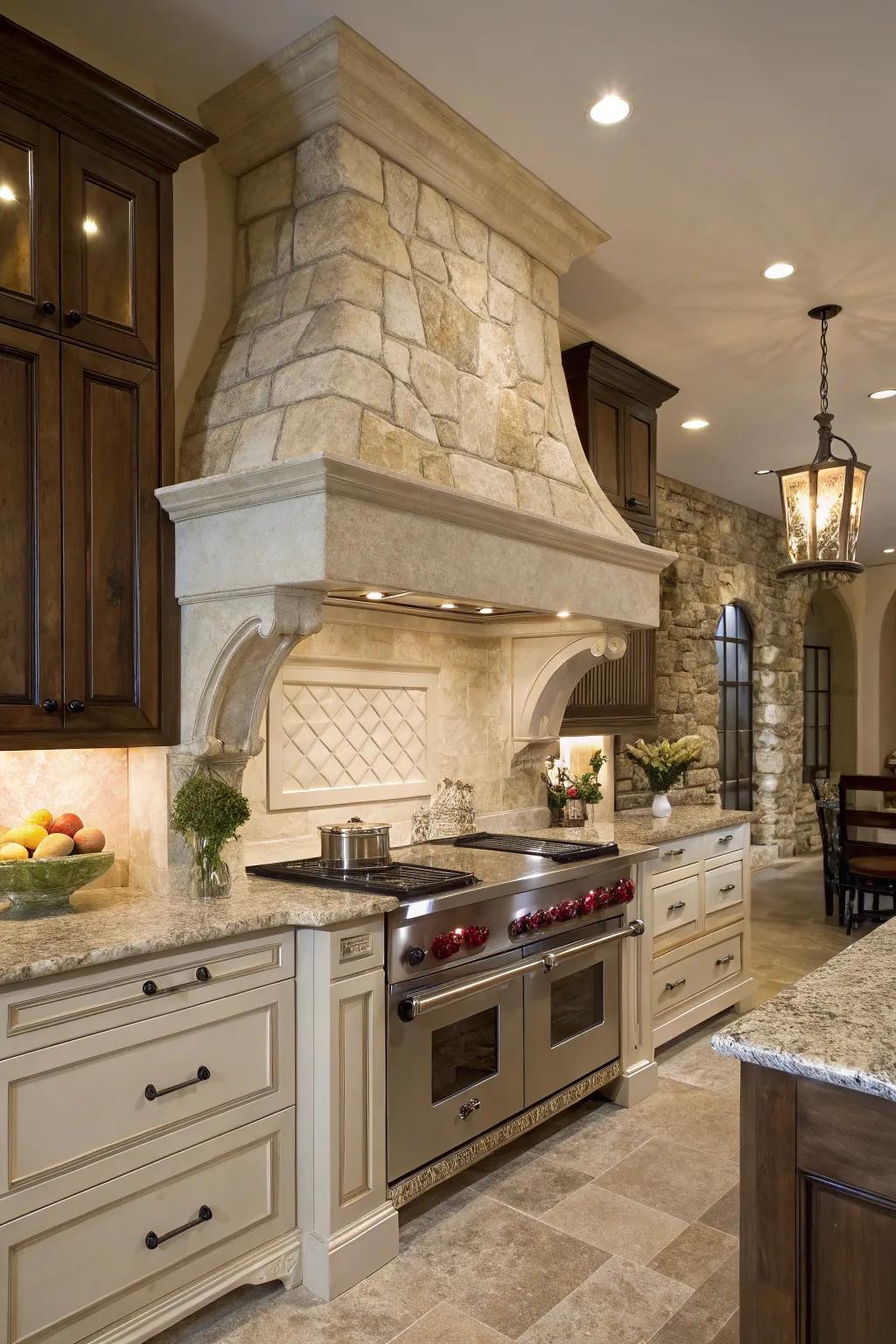 Natural stone range hood oozes elegance and luxury.