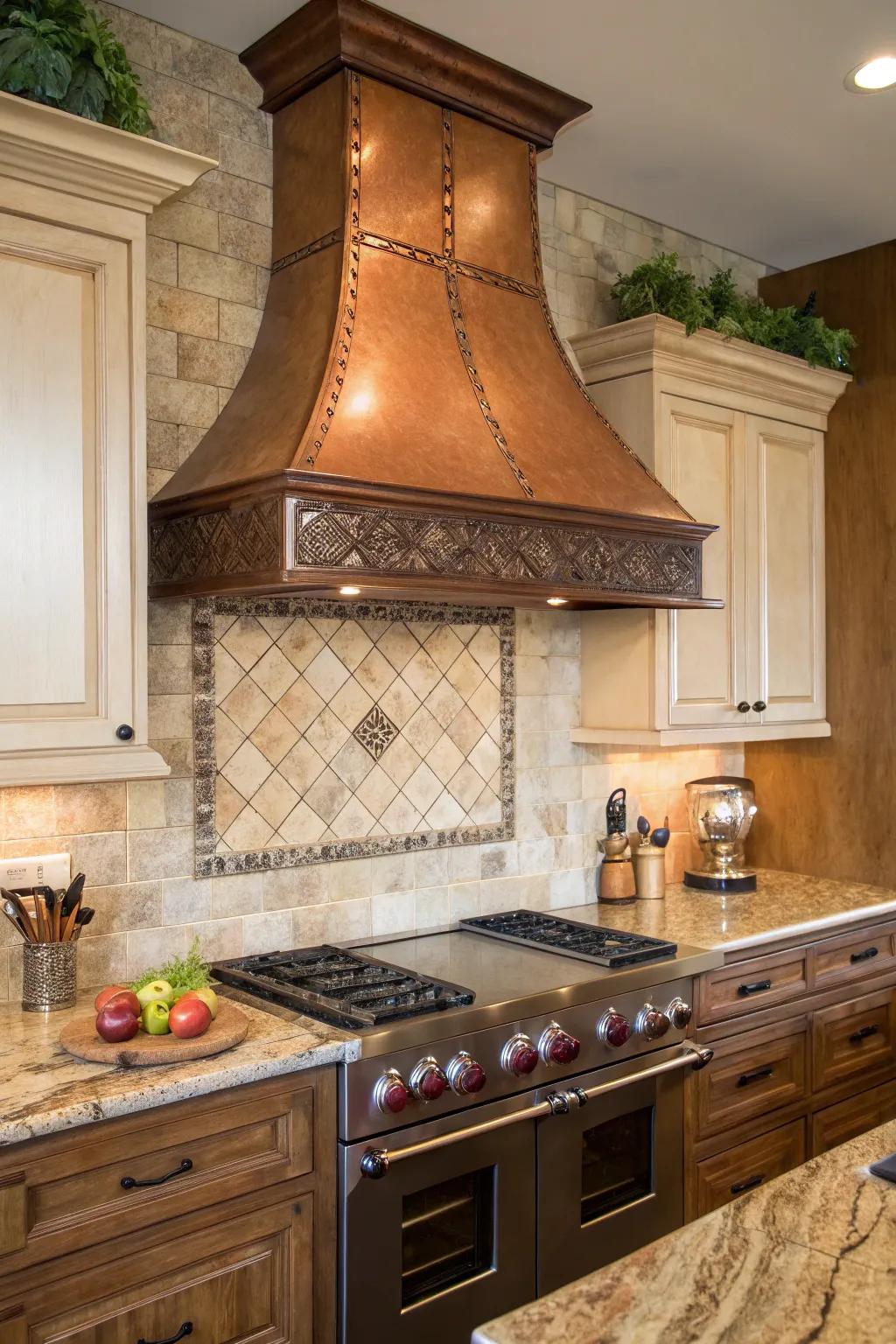 Kitchen with a copper vent hood and earthy tile backsplash for a warm, inviting feel.
