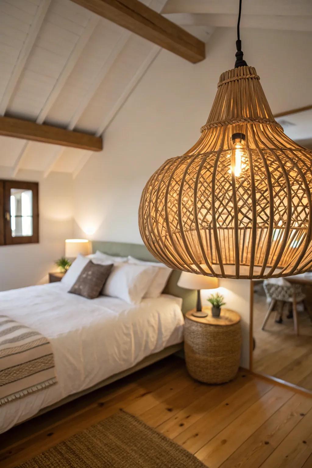 A rattan hanging light provides ambient light and style.
