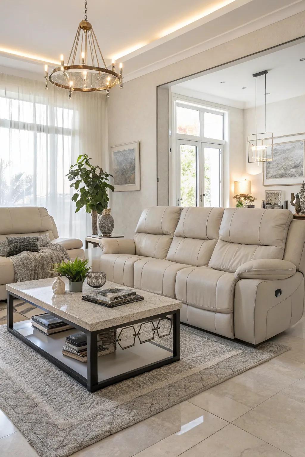 A refined living room featuring a recliner sofa and a contemporary coffee table.