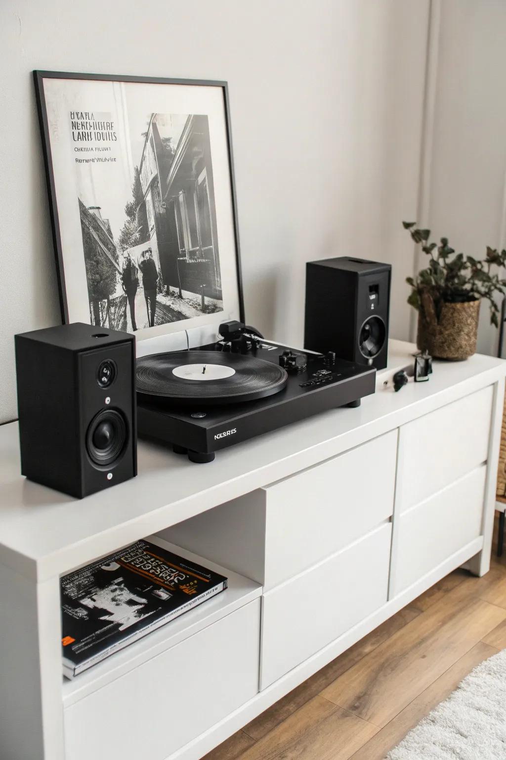 A minimalist black and white record player setup.