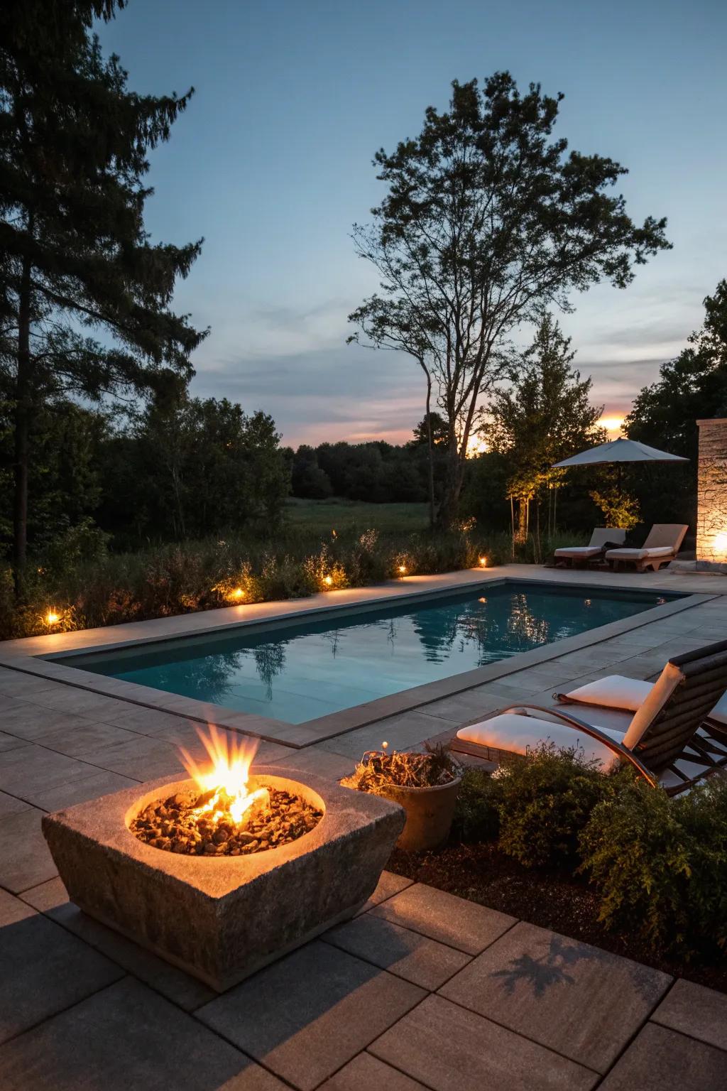A fire pit offers warmth and ambiance beside the pool.