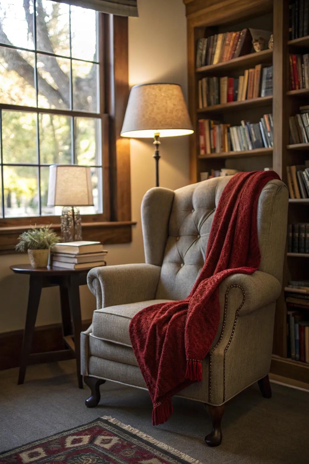 This study space showcases a grey lounger and rouge blanket.