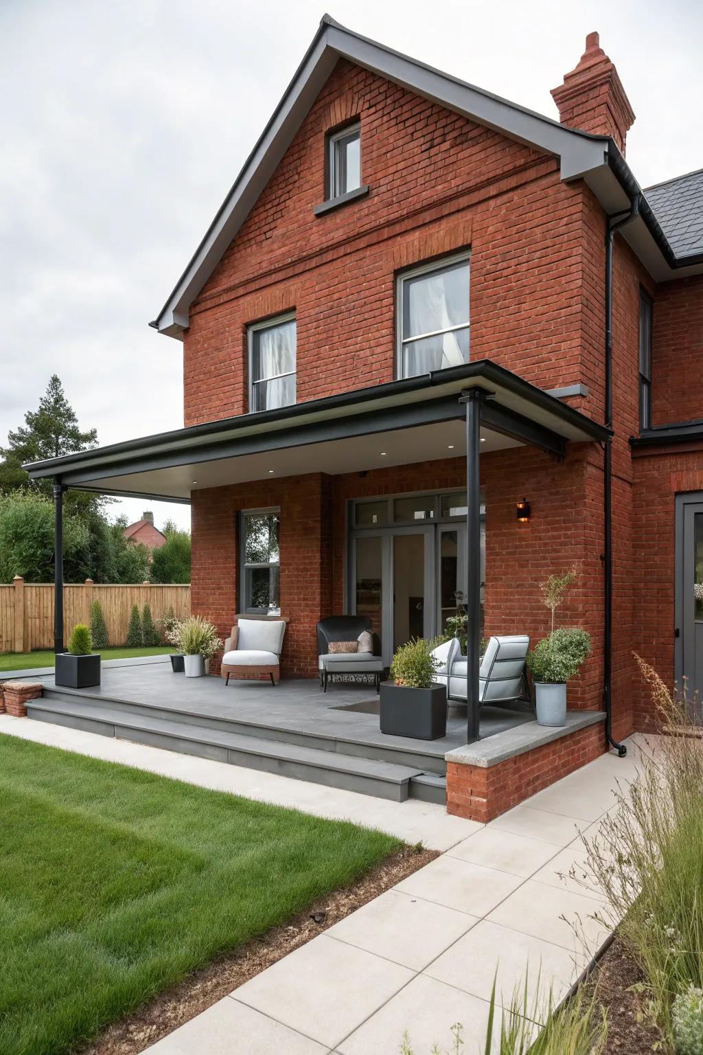 Sleek furniture and geometric planters bring modern flair to a red brick porch.