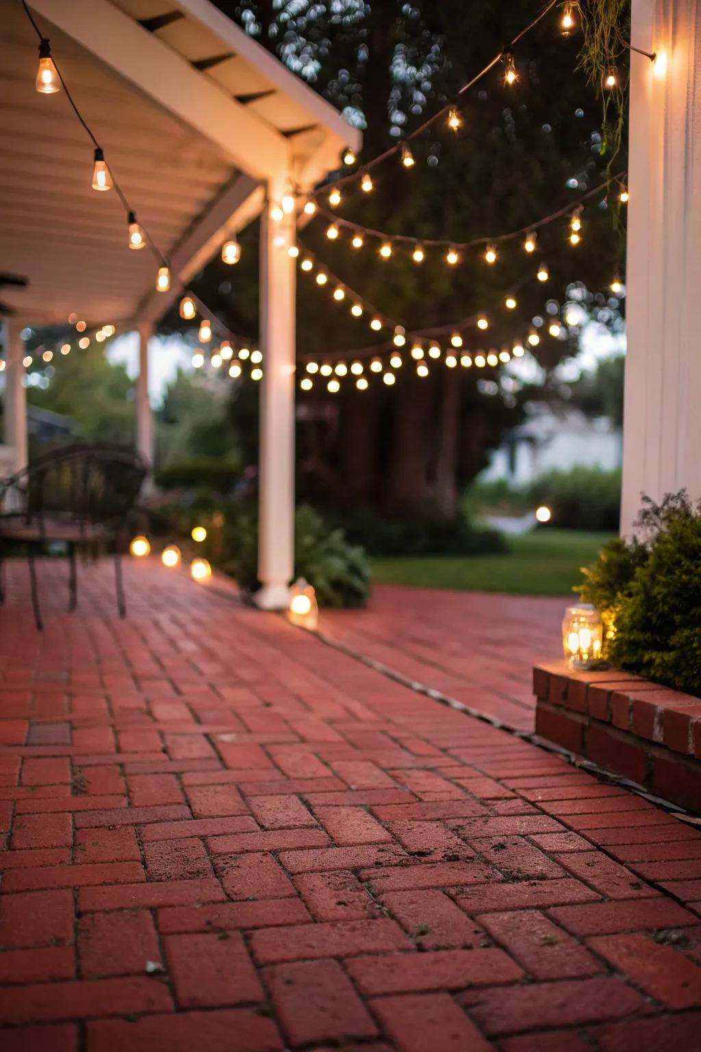 A red brick patio illuminated by romantic string lights