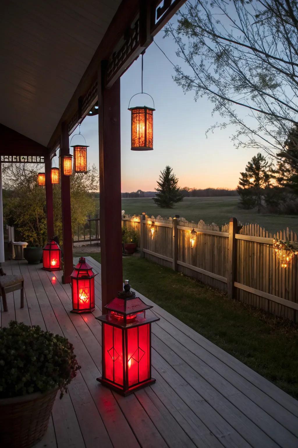 Home-style scarlet lanterns conjuring a warm outdoor ambiance.