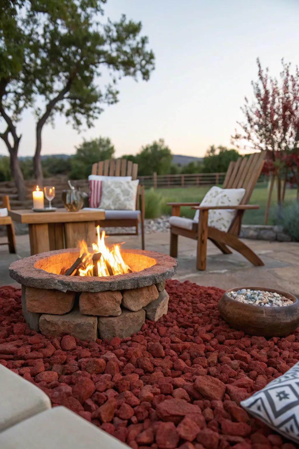 Crimson volcanic stones assure safety and style in this inviting fire pit configuration.