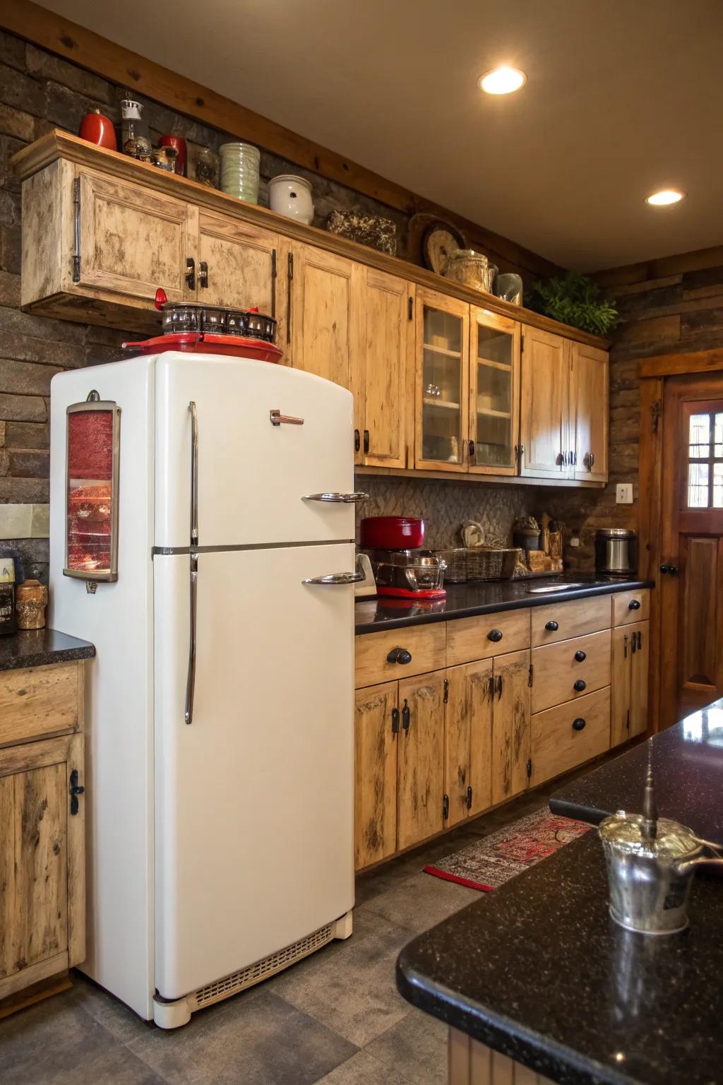 Yesterday-style elements surrounding the refrigerator create a warm kitchen feel.