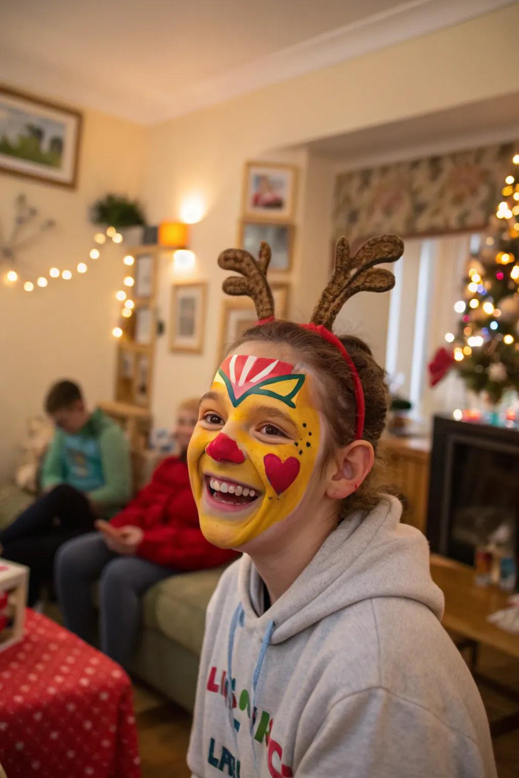 Vibrant colors construct a youthful, playful reindeer face paint.