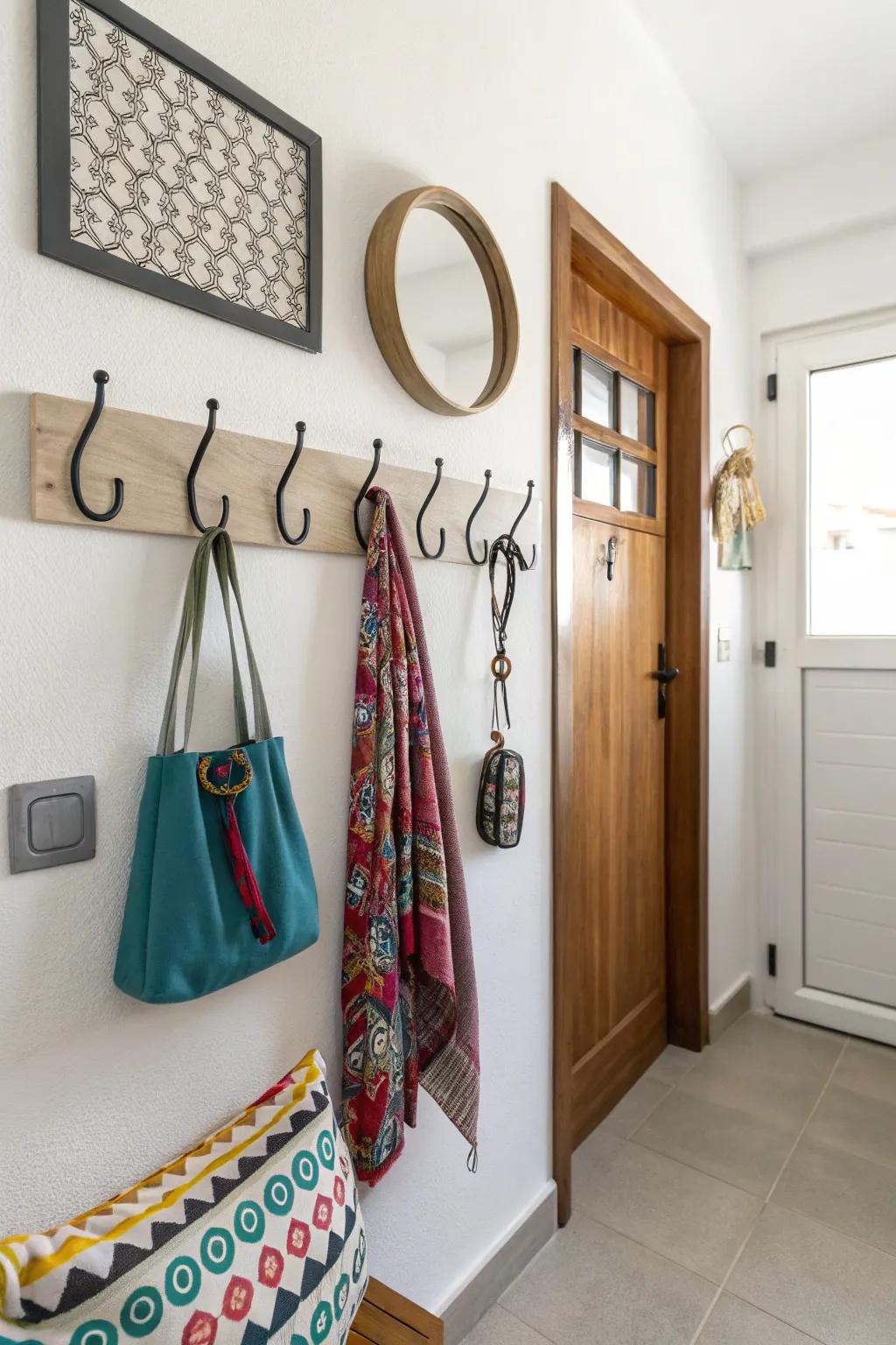 Organize and style with decorative adhesive hooks.