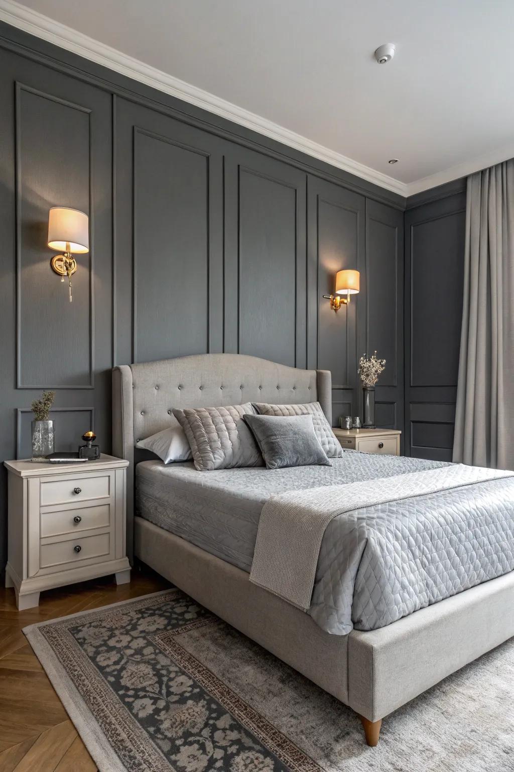 A feature wall adds a dynamic element to a repose gray bedroom.