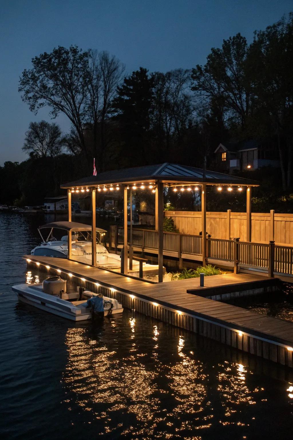 A dock glowing with ambient lighting, radiating nighttime charm.