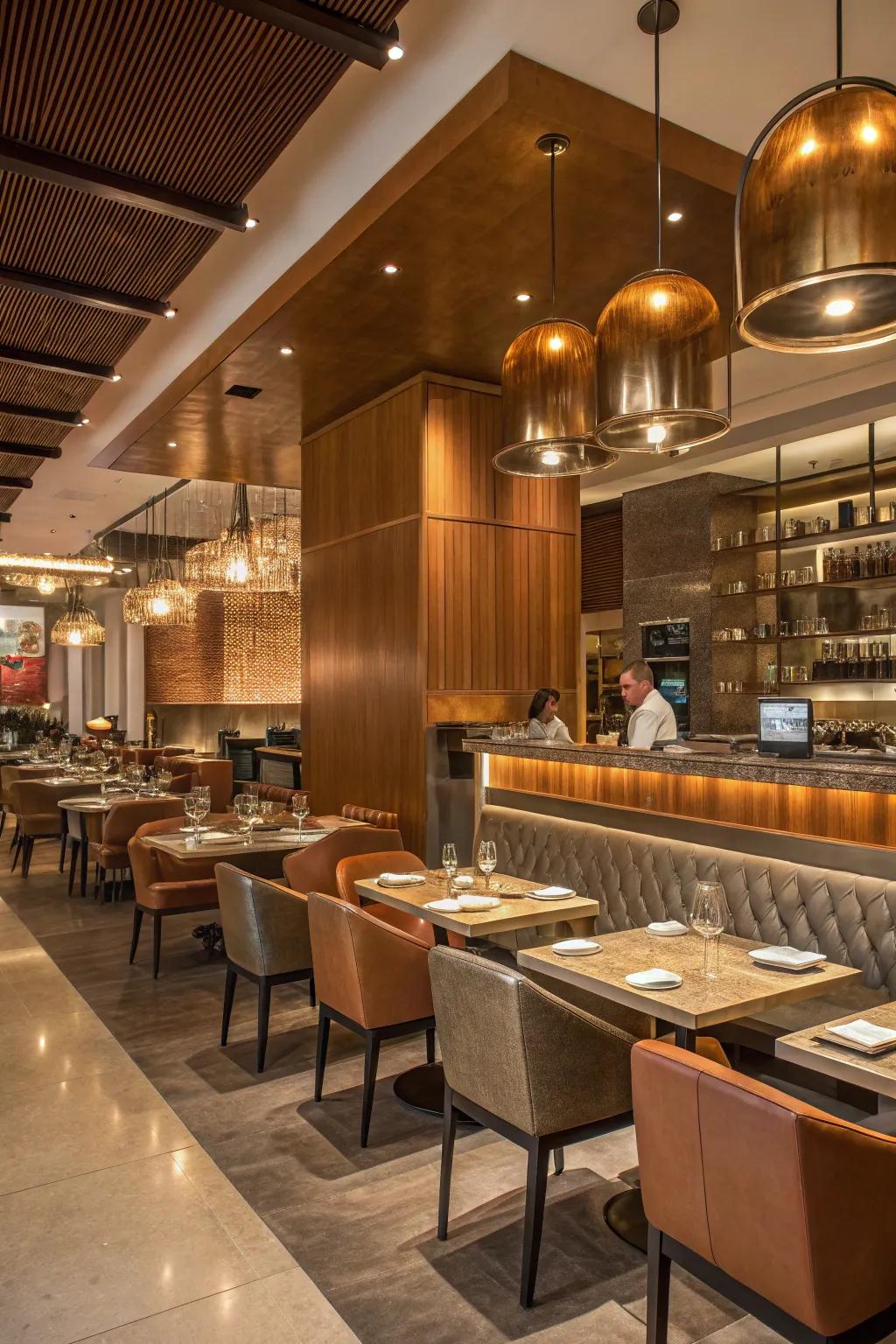 A stylish mix of earthy tones and metallic accents in a restaurant.