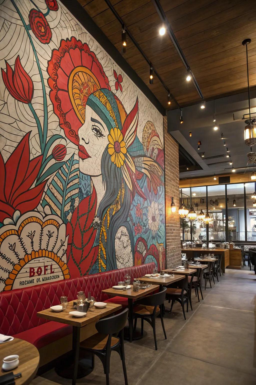 Murals infuse storytelling and artistic flair.
