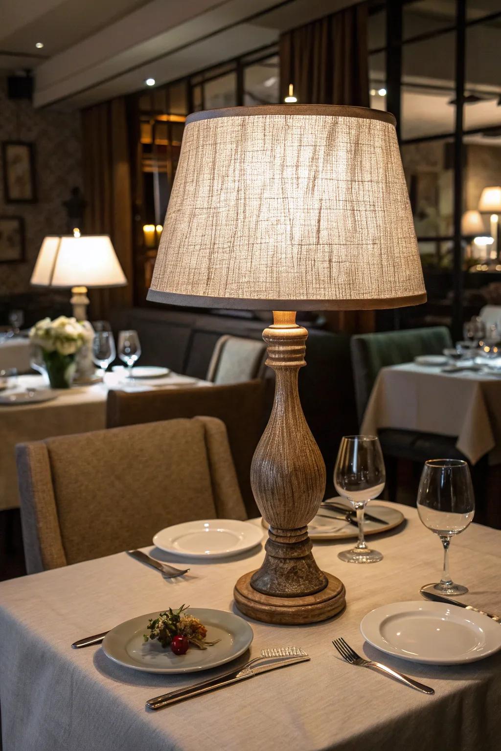 Table lamp showcasing a textured fabric shade positioned on a restaurant table exhibiting cozy decor.