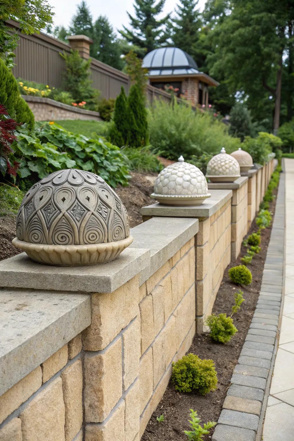 Sculpted caps morph walls into artistic attributes.