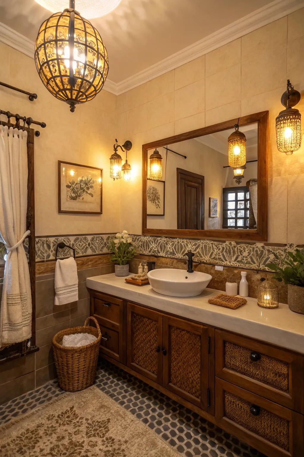 Retro lighting adds warmth and ambiance, completing the vintage look.