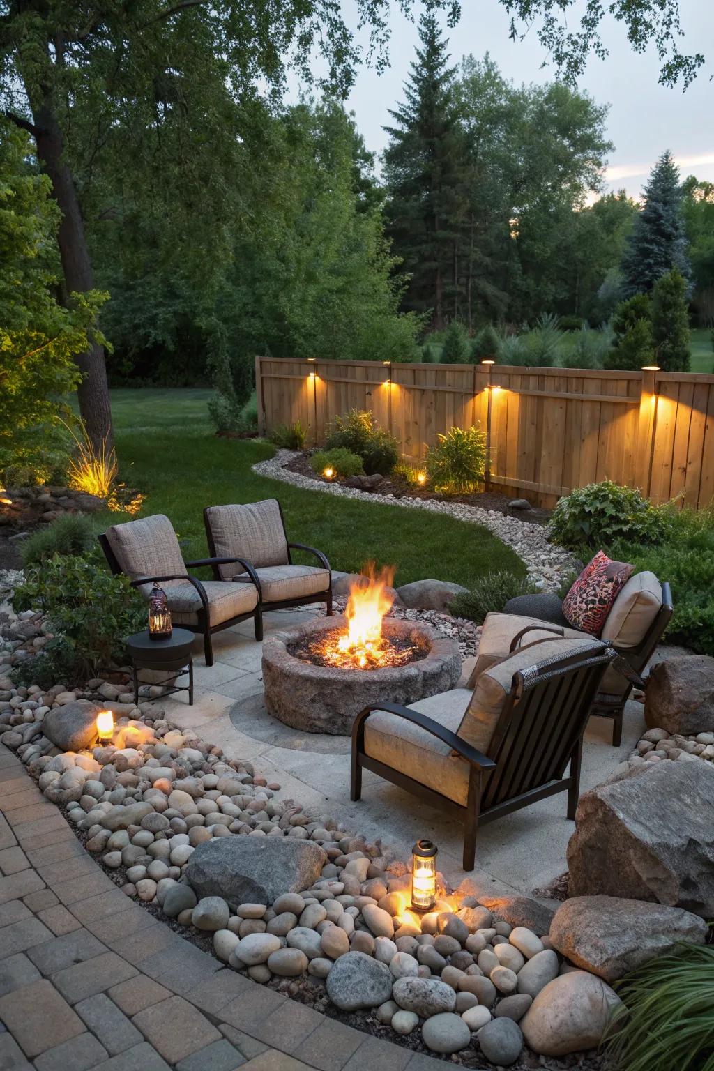 Forge a welcoming bonfire expanse via pebbles.