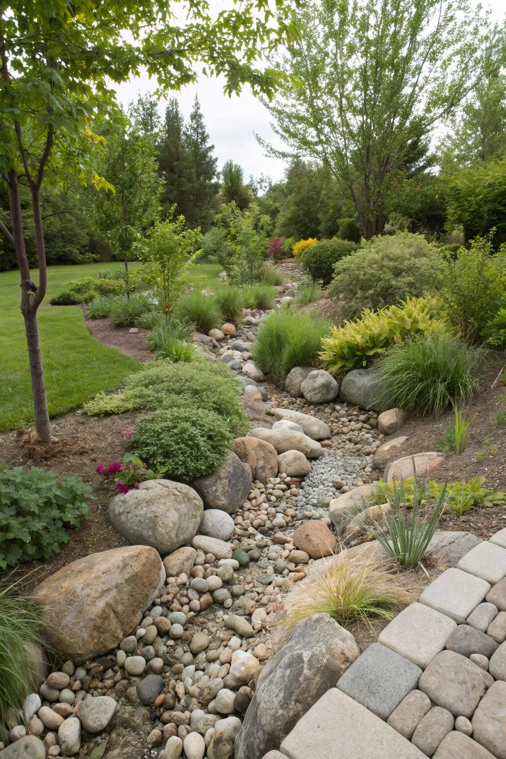 A river stone channel bed delivers an eco-friendly remedy to lawn drainage concerns.