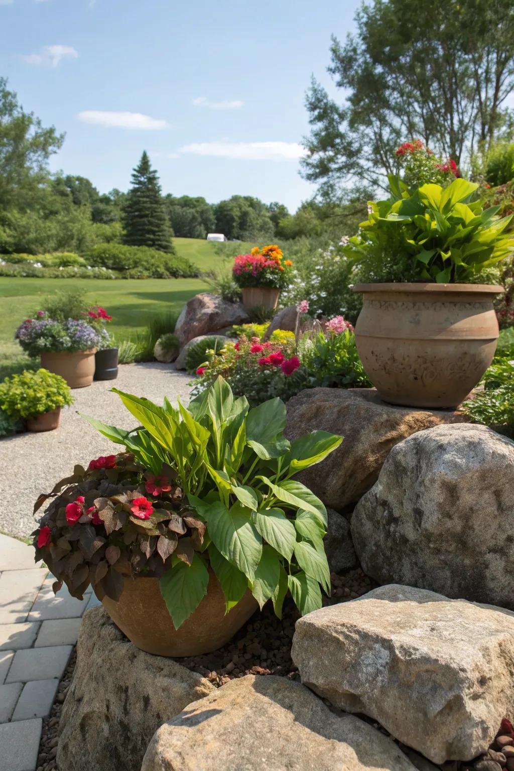 Potted plants artistically arranged on large garden stones for added height.