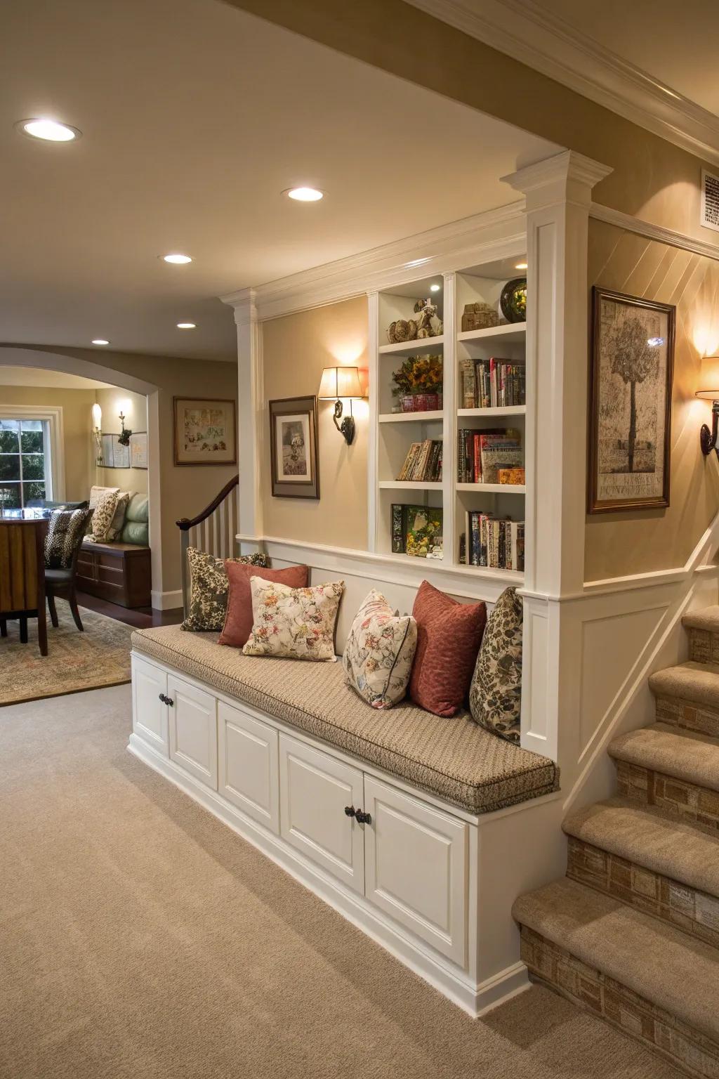 A living area with a partition wall that includes built-in seating and storage for added functionality.