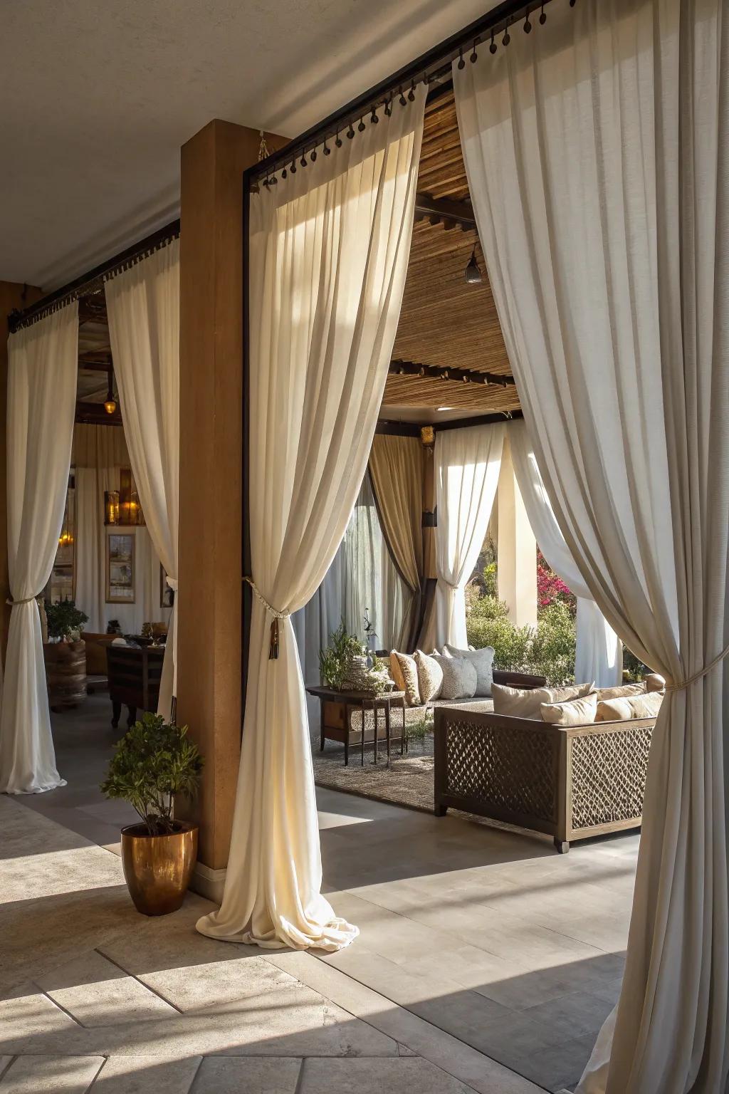 Curtains introduce elegance and versatility to any area, serving as stylish dividers.