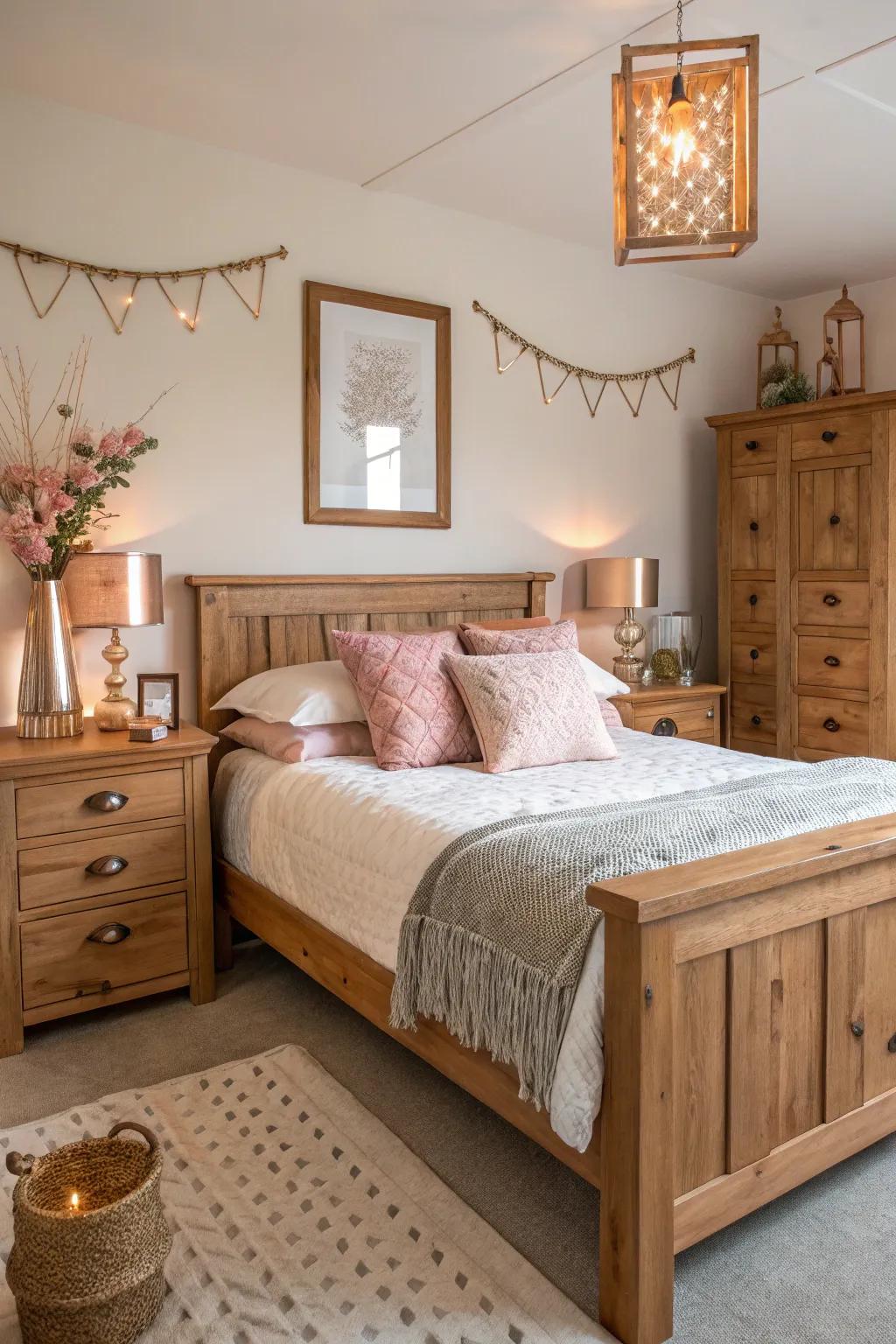 Timber and rose gold combine to give off a relaxed bedroom environment.
