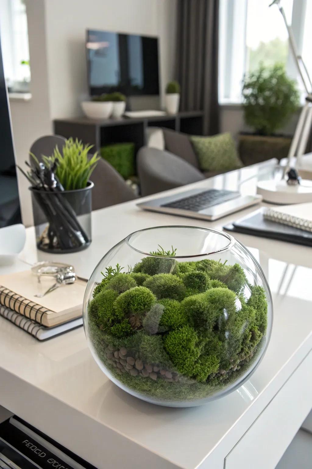 Artificial moss in a glass bowl provides a verdant and rich decor feature.