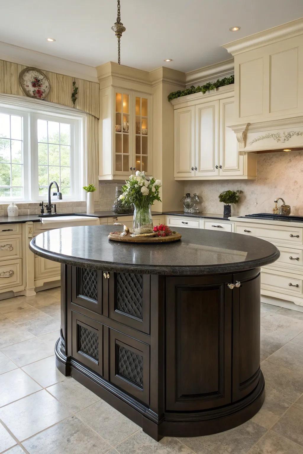Dark shades inject drama and class into a round kitchen island.
