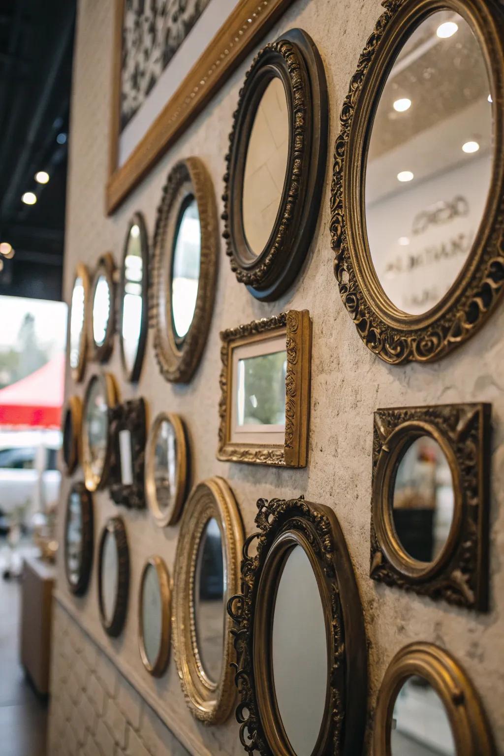 Wall featuring a collection of vintage circular mirrors with ornate frames.