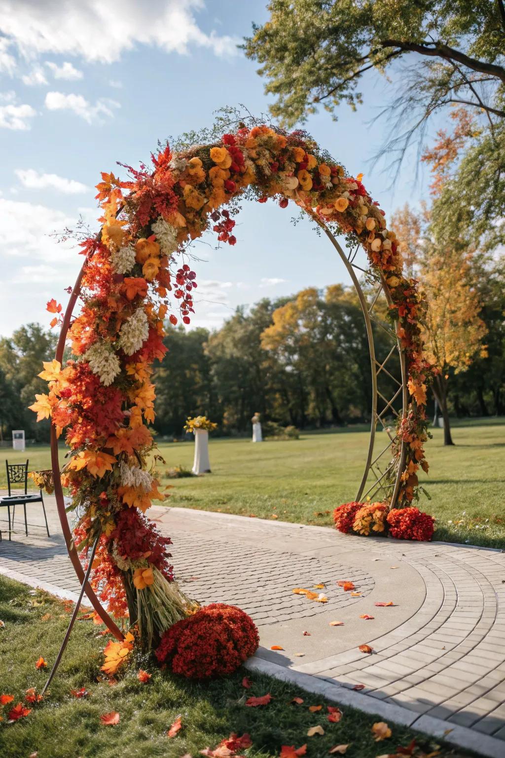 A seasonal circular wedding arch incorporating autumnal elements.