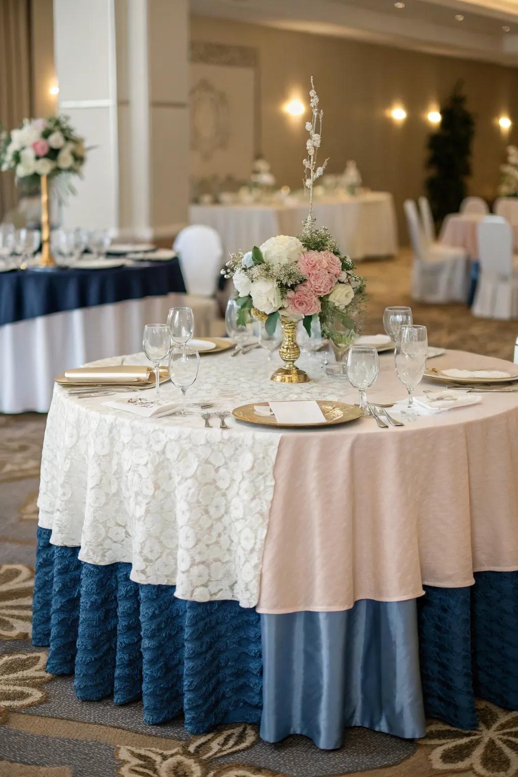 A layered ensemble of tablecloths creating depth and interest.