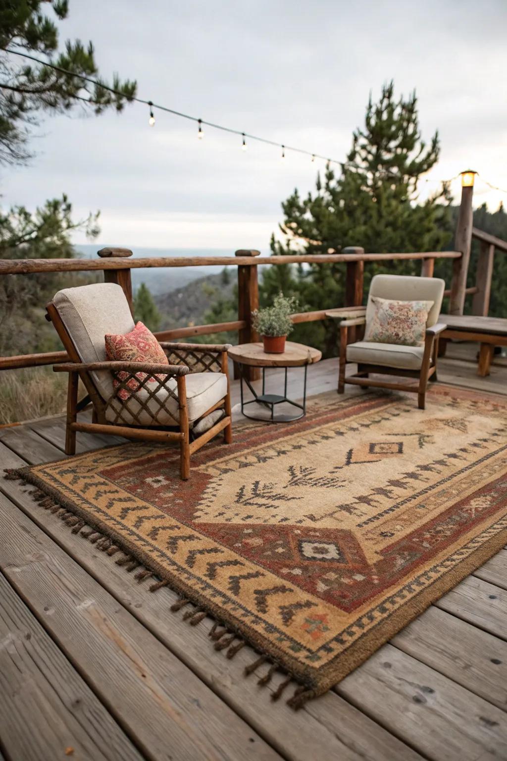 An outdoor floor covering enhances comfort and elegance on this deck.