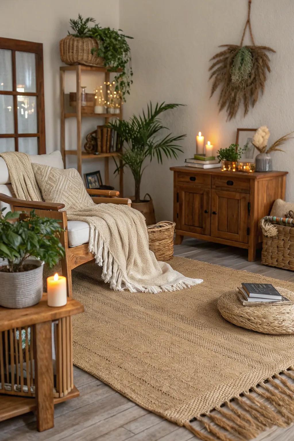 A family room anchored by a natural fiber ground covering.