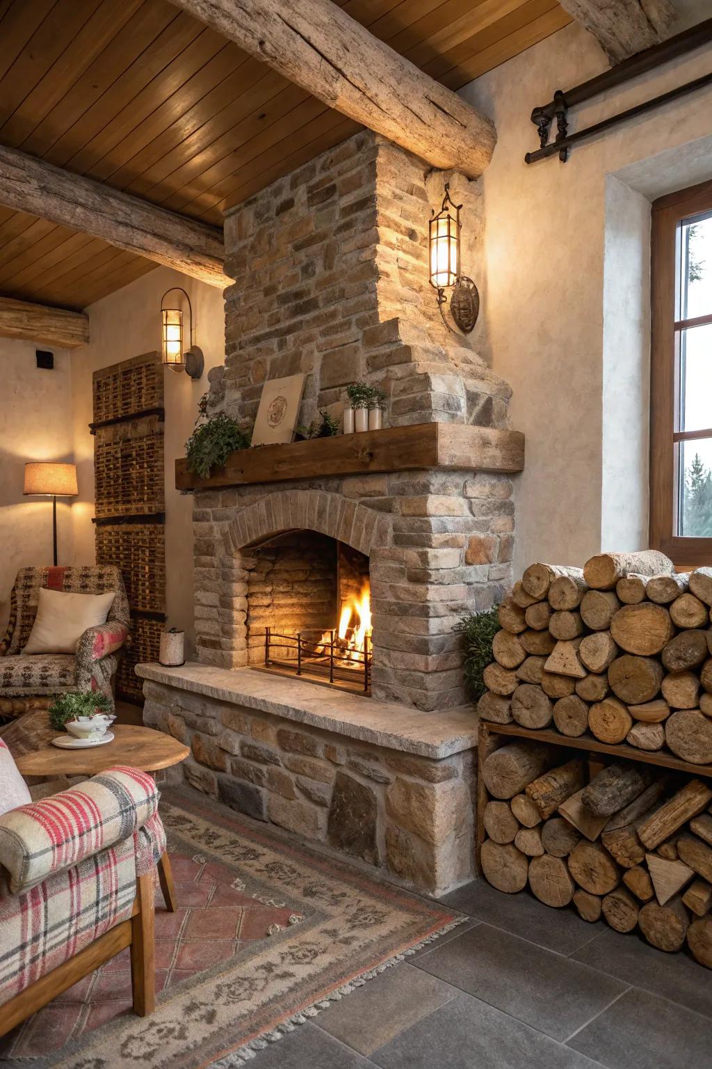 Integrated log storage incorporates practicality and allure to this fireplace.
