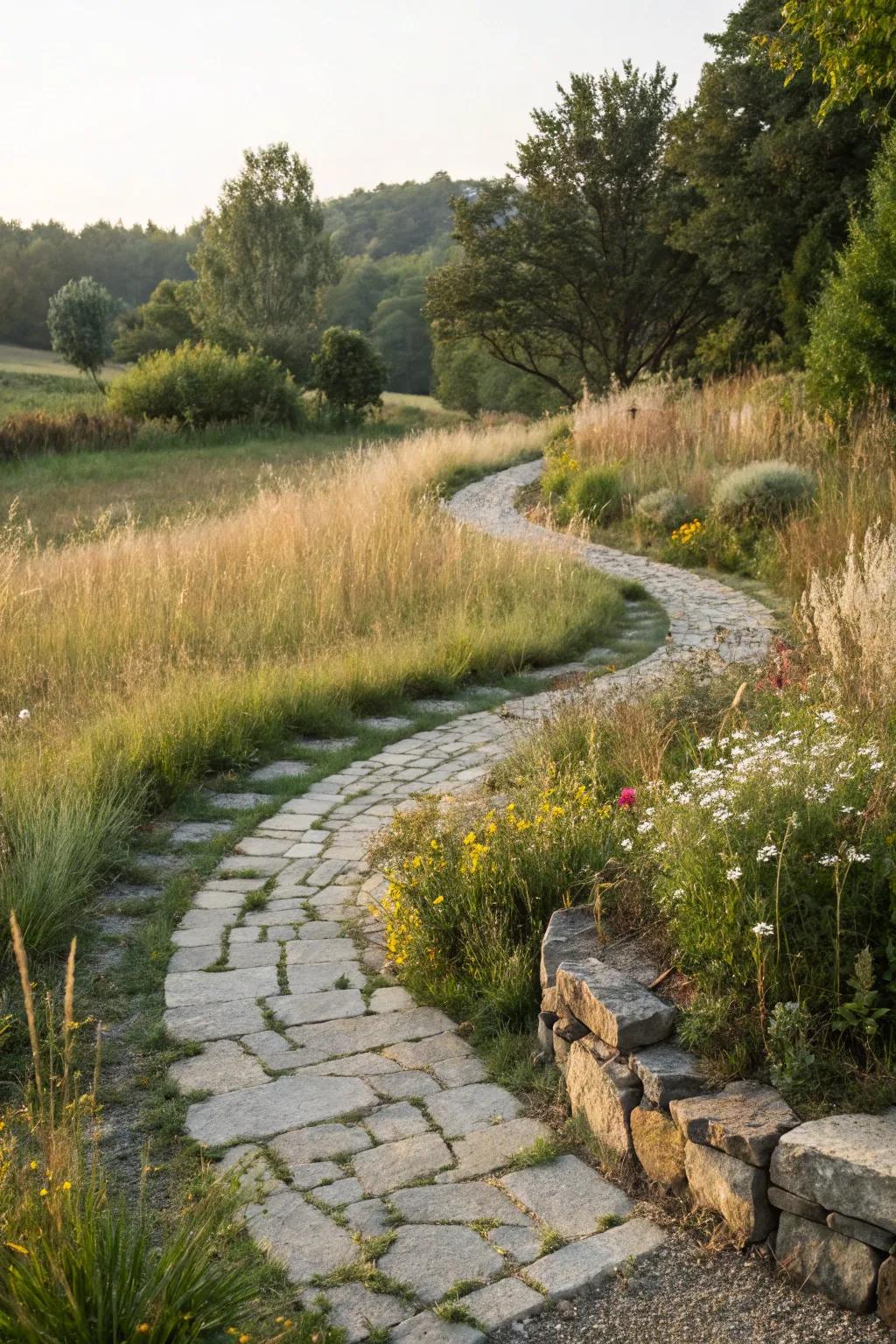 Meandering paths beckoning exploration in a countryside garden.