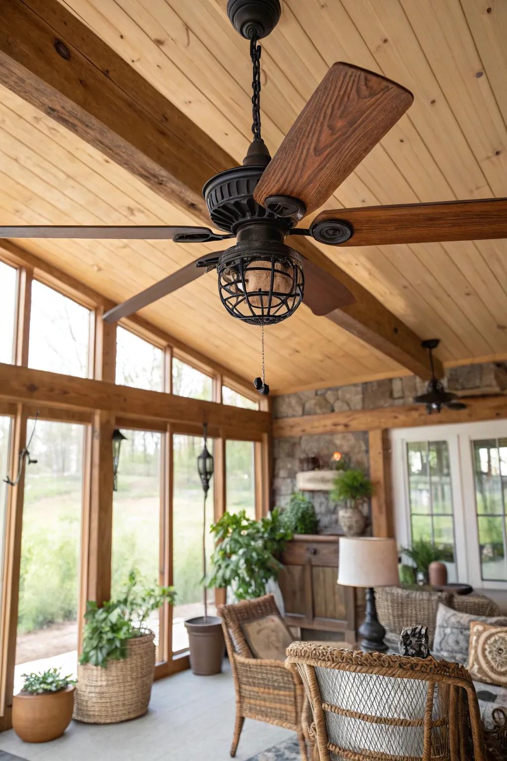 A fan featuring iron and wood complements the countryside sunroom wonderfully.