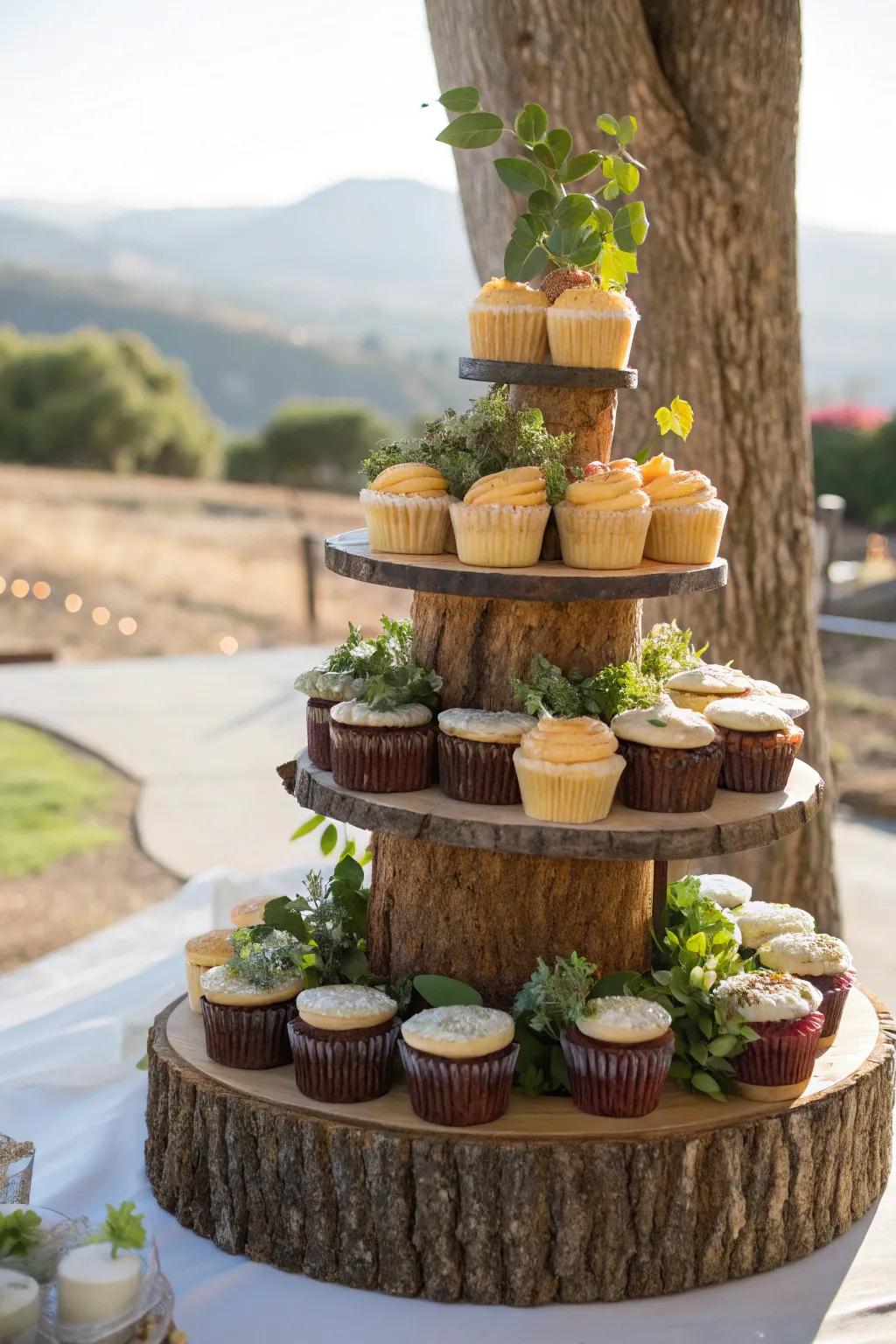 Multi-tiered timber rounds create a dynamic cake presentation.
