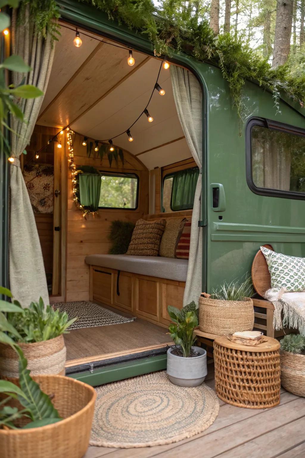 Earthy verdant cultivates a serene, nature-inspired RV interior.