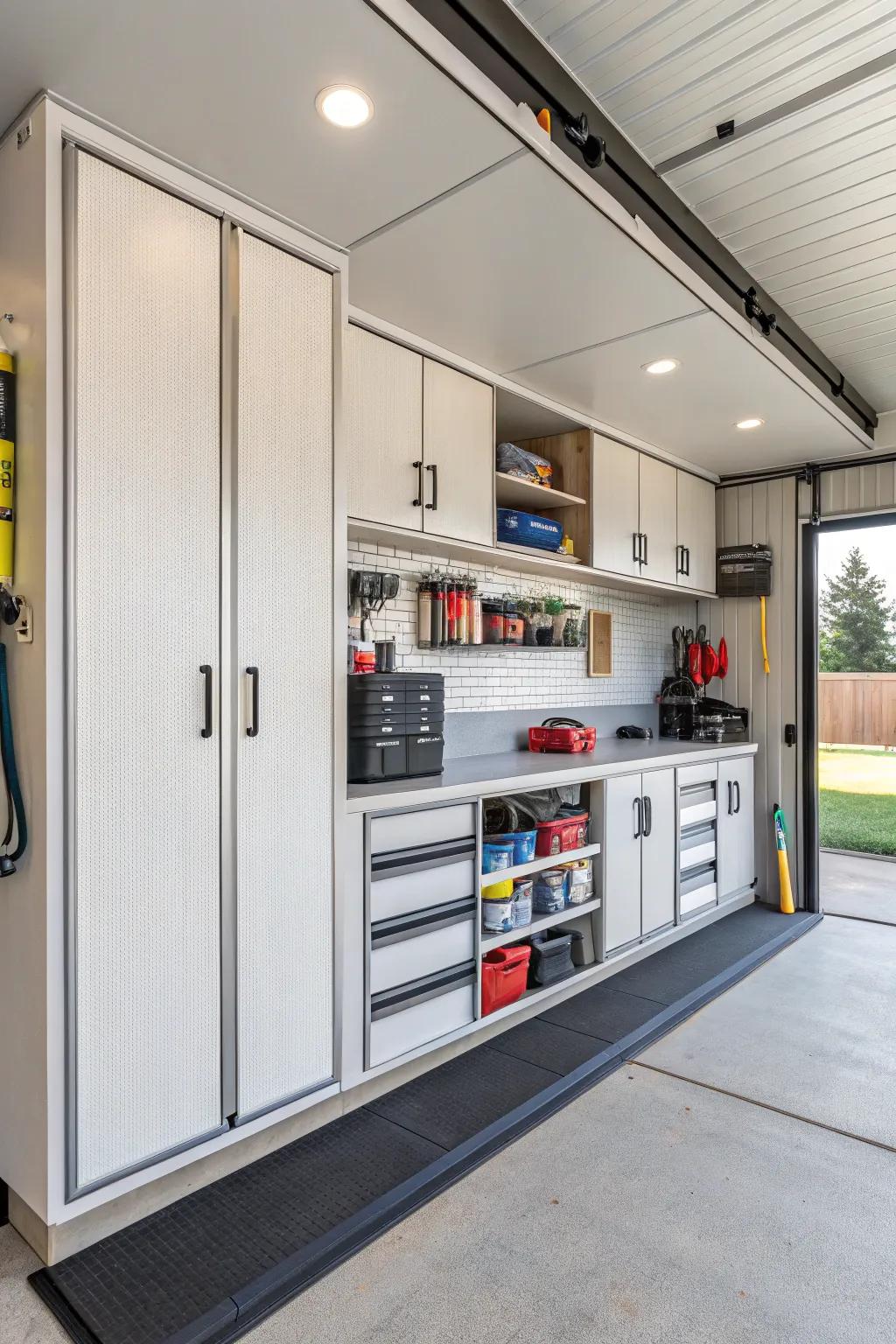 Innovative storage strategies implemented in an RV garage for a structured and neat area.