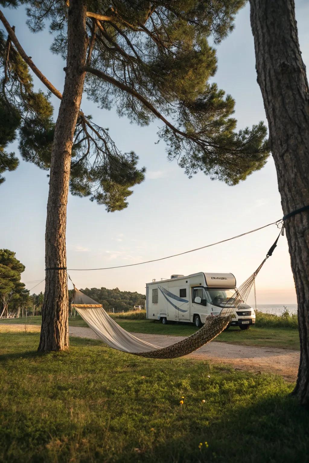 A hanging bed provides a great spot to unwind.