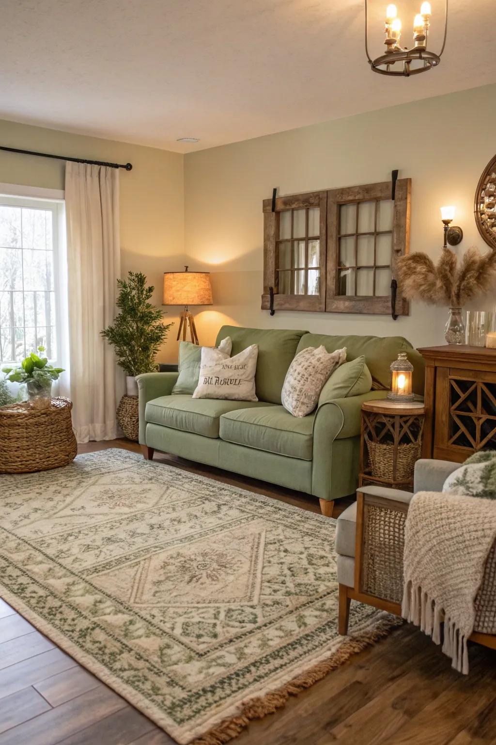 A rustic rug introduces warmth and distinction to a sage green living room.